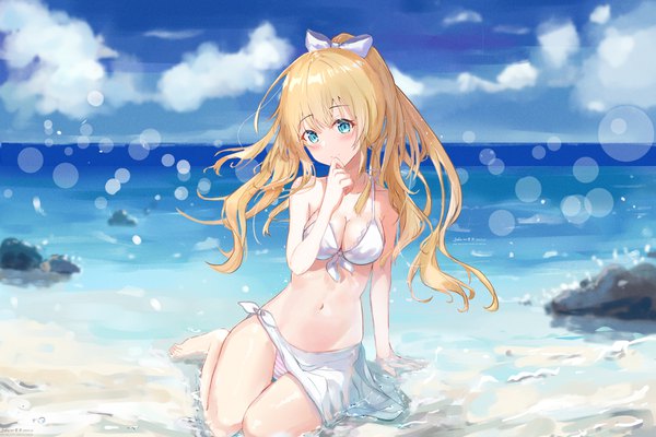 Anime picture 1800x1200 with original yukizawa xueze single long hair looking at viewer blush fringe highres breasts blue eyes light erotic blonde hair hair between eyes sitting bare shoulders payot sky cloud (clouds) full body outdoors