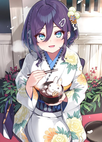 Anime picture 1001x1400 with original kouhai-chan (hisen kaede) hisenkaede single tall image looking at viewer blush fringe short hair open mouth blue eyes hair between eyes sitting purple hair traditional clothes :d japanese clothes from above floral print exhalation