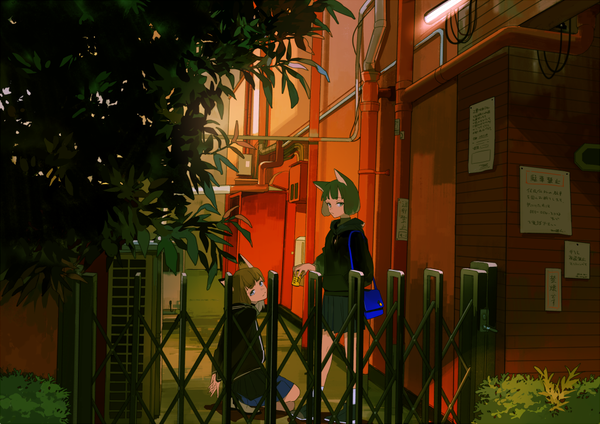 Anime picture 1023x723 with original lowe (slow) looking at viewer fringe short hair blue eyes brown hair standing multiple girls animal ears outdoors pleated skirt squat alley girl skirt 2 girls plant (plants) tree (trees) hood