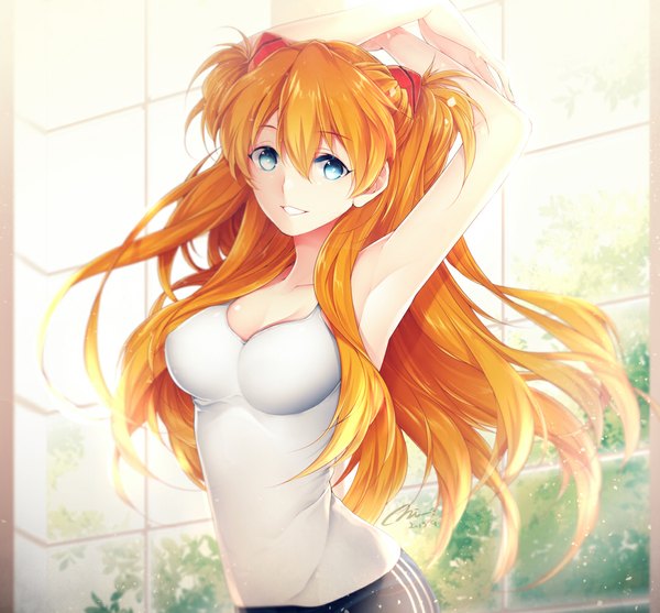 Anime picture 1082x1005 with neon genesis evangelion rebuild of evangelion evangelion: 2.0 you can (not) advance evangelion: 3.0 you can (not) redo gainax soryu asuka langley shikinami asuka langley mirunai single long hair looking at viewer breasts blue eyes orange hair armpit (armpits) arms behind head girl hair ornament window