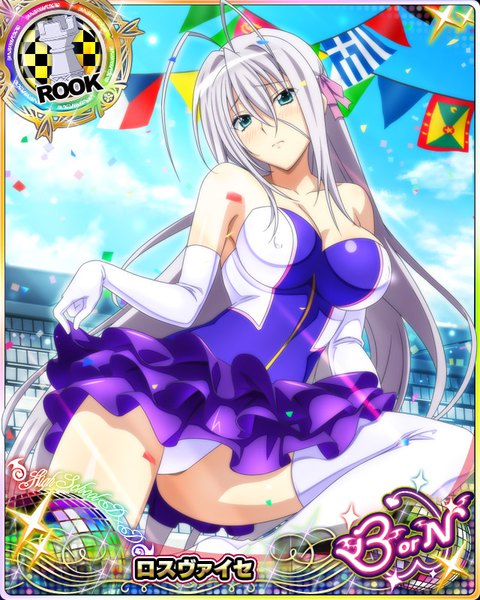 Anime picture 640x800 with highschool dxd rossweisse single tall image looking at viewer blush breasts blue eyes light erotic silver hair very long hair pantyshot card (medium) girl thighhighs dress gloves underwear panties white thighhighs