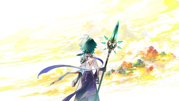 Anime picture 4800x2700 with genshin impact xiao (genshin impact) rafaelaaa single highres short hair wide image absurdres wind from behind tattoo dark hair architecture east asian architecture boy weapon spear vision (genshin impact)