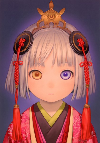 Anime picture 2456x3498 with shangri-la mikuni (shangri-la) range murata single tall image looking at viewer highres short hair open mouth blue eyes simple background brown eyes white hair traditional clothes japanese clothes scan heterochromia portrait girl hair ornament