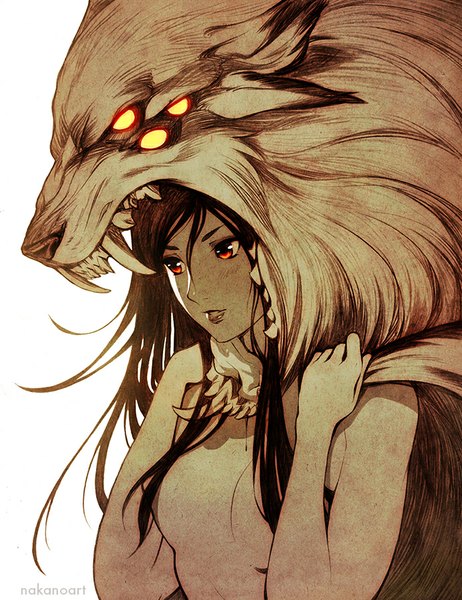 Anime picture 693x900 with original nakanoart long hair tall image open mouth light erotic black hair simple background red eyes white background animal ears yellow eyes parted lips teeth fang (fangs) wolf ears girl animal wolf
