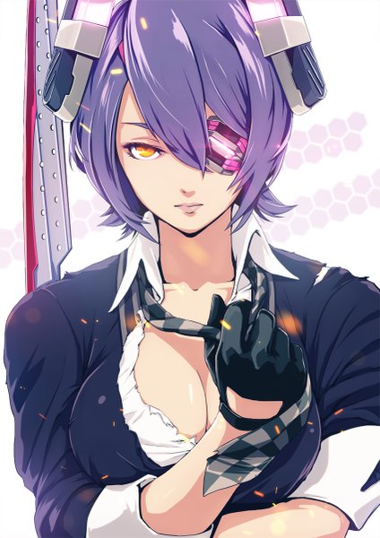 Anime picture 850x1202 with kantai collection tenryuu light cruiser infinote single tall image looking at viewer short hair breasts simple background large breasts white background holding yellow eyes cleavage purple hair upper body torn clothes breast grab twisty sleeves girl