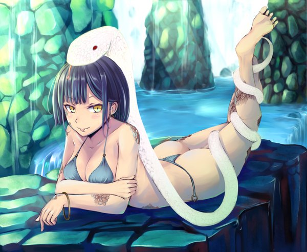 Anime picture 1400x1150 with original irohara looking at viewer blush short hair light erotic black hair yellow eyes ass legs girl swimsuit bikini bracelet snake