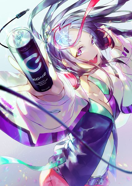 Anime picture 1060x1500 with original dive to zone emoillu single long hair tall image looking at viewer breasts open mouth purple eyes cleavage purple hair :d fang (fangs) hand on headphones girl headphones hairclip can