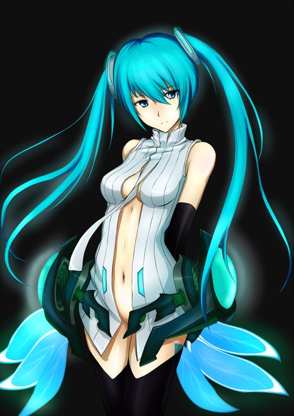 Anime picture 1000x1414 with vocaloid vocaloid append hatsune miku hatsune miku (append) erise single tall image light erotic twintails bare shoulders very long hair aqua eyes aqua hair dark background girl gloves navel elbow gloves