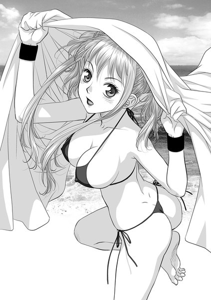 Anime picture 847x1200 with original toshiki yui single long hair tall image blush breasts open mouth light erotic sky cloud (clouds) ass grey hair grey eyes erect nipples beach monochrome covered nipples girl underwear