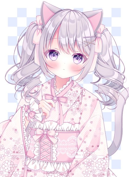 Anime picture 1094x1500 with original puu (kari---ume) single long hair tall image looking at viewer blush purple eyes twintails animal ears silver hair upper body tail animal tail cat ears cat girl cat tail drill hair lolita fashion checkered