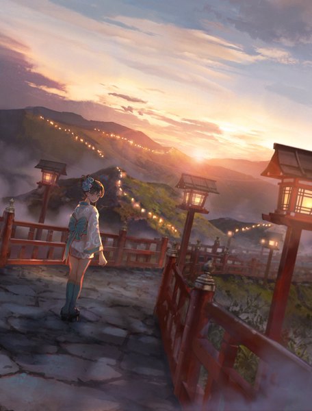 Anime picture 1559x2048 with original sho (shoichi-kokubun) single tall image looking at viewer fringe short hair black hair smile hair between eyes standing sky cloud (clouds) full body outdoors traditional clothes japanese clothes looking back from behind sunlight