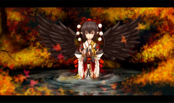 Anime picture 2475x1473 with touhou shameimaru aya untue single highres short hair black hair red eyes wide image traditional clothes girl wings leaf (leaves)
