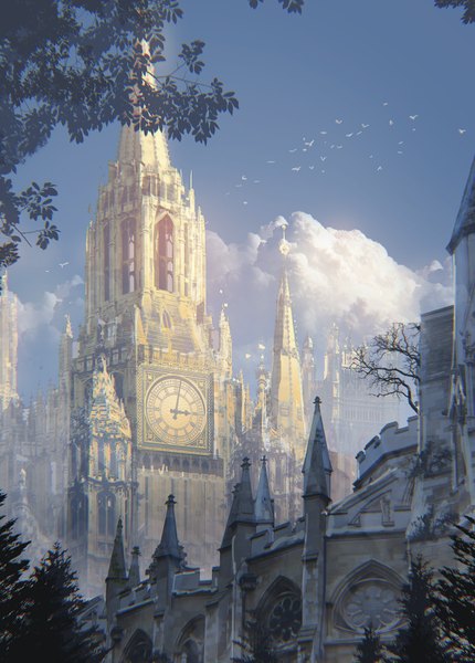 Anime picture 639x891 with ac (eshi) tall image sky cloud (clouds) flying no people animal bird (birds) leaf (leaves) building (buildings) clock branch tower roof clock tower
