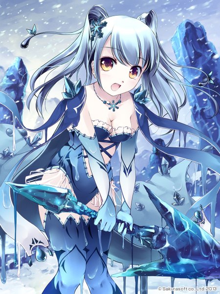 Anime picture 960x1280 with original miyase mahiro single long hair tall image looking at viewer blush open mouth twintails brown eyes blue hair :d wind snowing winter knees touching girl thighhighs dress gloves