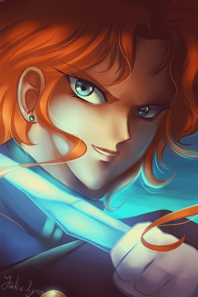 Anime picture 2222x3333 with bishoujo senshi sailor moon toei animation zoisite (sailor moon) jacky-bunny tall image looking at viewer highres blue eyes smile signed orange hair portrait wavy hair boy gloves uniform earrings military uniform