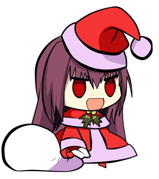 Anime-Bild 876x986 mit fate (series) fate/grand order scathach (fate) (all) scathach (fate) yasukochaos single tall image open mouth simple background red eyes white background purple hair full body chibi no pupils girl santa claus costume sack