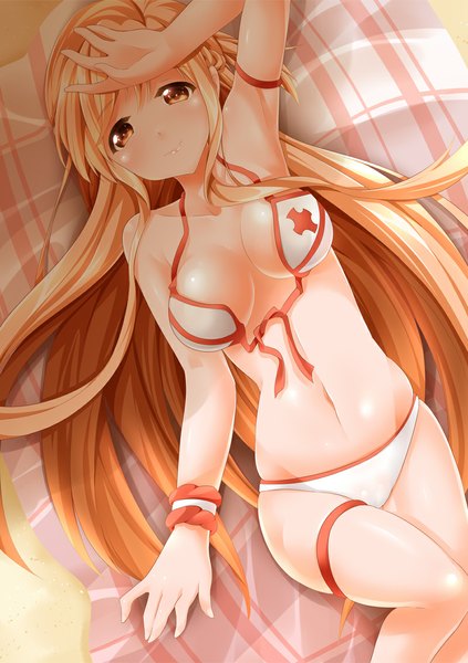 Anime picture 800x1134 with sword art online a-1 pictures yuuki asuna s-ram single long hair tall image looking at viewer blush breasts light erotic blonde hair brown eyes midriff girl navel swimsuit bikini