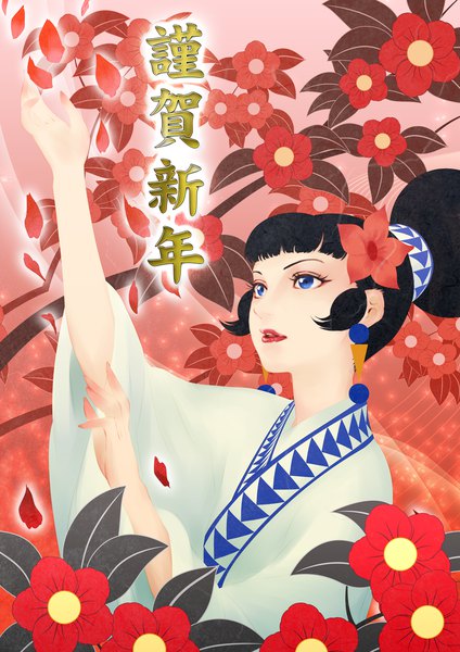 Anime picture 1240x1753 with hakujaden toei animation bai niang d-gunhoo single long hair tall image fringe blue eyes black hair upper body blunt bangs traditional clothes arm up hair flower hair bun (hair buns) lipstick chinese clothes looking up red lipstick