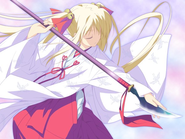 Anime picture 1600x1200 with hoshizora no memoria hisakaki komomo shida kazuhiro single long hair blonde hair twintails game cg eyes closed traditional clothes japanese clothes miko hair bell girl bow weapon hair bow bell jingle bell chihaya (clothing)