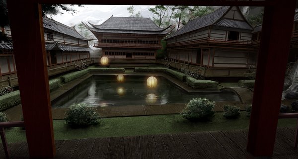 Anime picture 1600x858 with tiger1313 wide image plant (plants) tree (trees) water lantern bridge japanese house pond