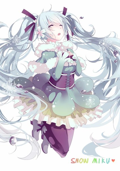 Anime picture 826x1169 with vocaloid hatsune miku yuki miku yuki miku (2015) shi-chen single long hair tall image blush open mouth simple background white background twintails full body eyes closed hair flower aqua hair teeth character names tears