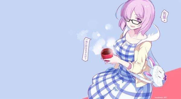 Anime picture 1635x900 with fate (series) fate/grand order mash kyrielight fou (fate) aosora kamiya single fringe short hair simple background wide image purple eyes purple hair from above hair over one eye open jacket steam purple background girl dress glasses