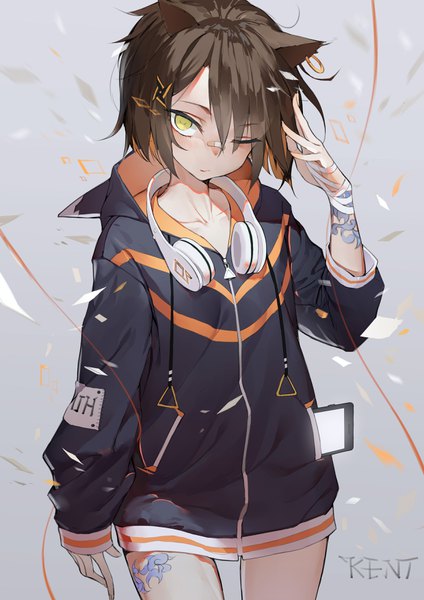 Anime picture 2480x3507 with original kentllaall single tall image looking at viewer blush fringe highres short hair hair between eyes standing brown eyes signed animal ears yellow eyes long sleeves one eye closed arm up cat ears hair over one eye