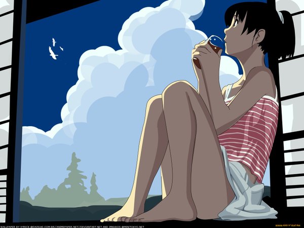 Anime picture 1600x1200 with original takamichi imkhaos single fringe short hair black hair sitting holding sky cloud (clouds) profile barefoot black eyes bare legs wallpaper looking up flying third-party edit girl