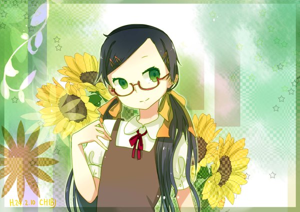 Anime picture 3507x2480 with original chibiibiru single long hair highres black hair twintails green eyes absurdres girl ribbon (ribbons) hair ribbon glasses sunflower