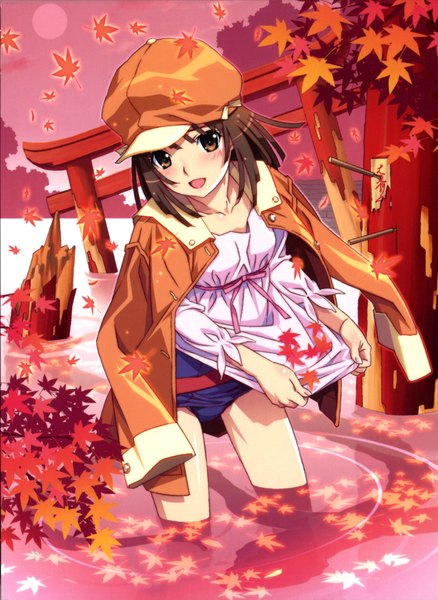 Anime picture 3286x4500 with bakemonogatari shaft (studio) monogatari (series) sengoku nadeko watanabe akio single tall image blush highres short hair open mouth light erotic black hair brown eyes absurdres open clothes open jacket official art girl swimsuit