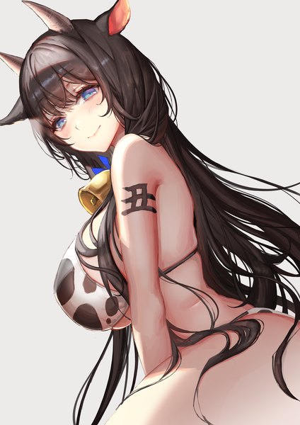 Anime picture 1414x2000 with original okuma mai single long hair tall image looking at viewer blush fringe breasts blue eyes light erotic simple background smile brown hair large breasts animal ears blunt bangs horn (horns) grey background hieroglyph