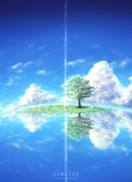 Anime picture 900x1237 with shelter (music video) rin (shelter) shuryukan single long hair tall image standing signed pink hair sky cloud (clouds) red hair copyright name reflection horizon rock girl plant (plants) tree (trees) water