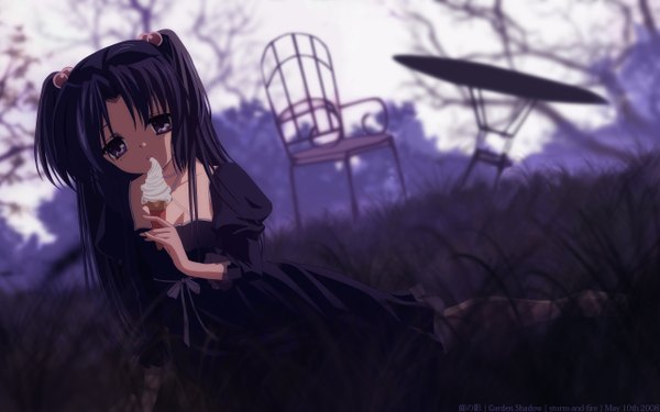 Anime picture 2560x1600 with clannad key (studio) ichinose kotomi single highres wide image twintails blue hair black eyes wallpaper girl dress plant (plants) food sweets grass ice cream