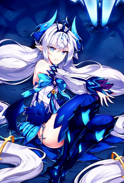 Anime picture 1500x2216 with elsword luciela r. sourcream (elsword) noblesse (elsword) zerocat single tall image looking at viewer fringe blue eyes light erotic smile hair between eyes twintails bare shoulders payot full body bent knee (knees) white hair very long hair parted lips