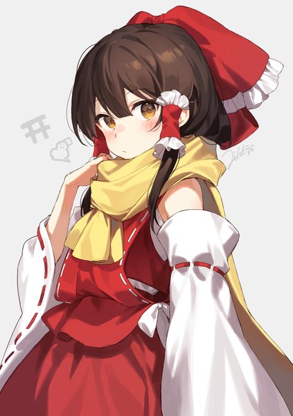 Anime picture 1235x1752 with touhou hakurei reimu jill 07km single long hair tall image looking at viewer blush fringe simple background hair between eyes brown hair brown eyes traditional clothes japanese clothes grey background nontraditional miko girl bow hair bow