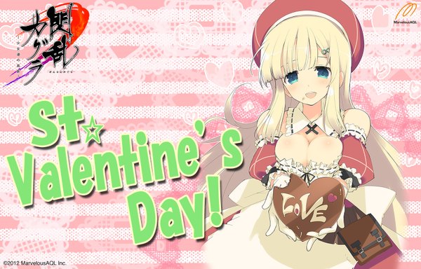 Anime picture 1600x1024 with senran kagura yomi (senran kagura) yaegashi nan single long hair fringe breasts open mouth blue eyes light erotic blonde hair large breasts cleavage wallpaper valentine girl gloves detached sleeves food white gloves