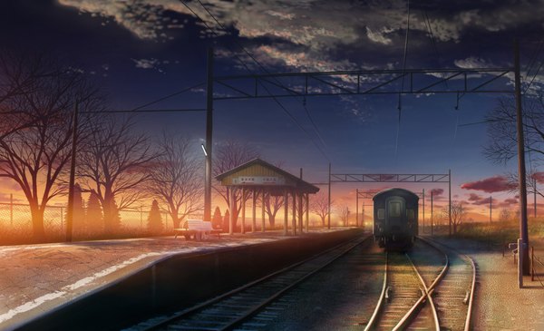 Anime picture 2300x1400 with original monorisu highres wide image cloud (clouds) night sky evening sunset no people landscape plant (plants) tree (trees) train train station railways