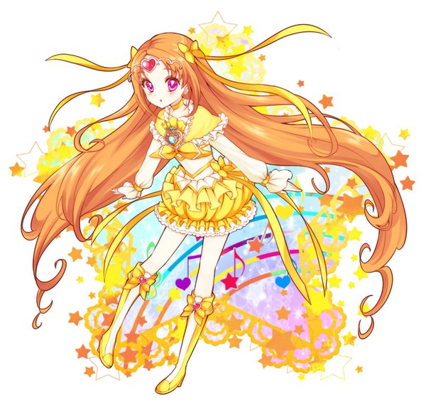 Anime picture 1000x959 with precure suite precure toei animation shirabe ako cure muse (yellow) single long hair white background purple eyes twintails orange hair girl dress hair ornament boots frills star (symbol) musical note