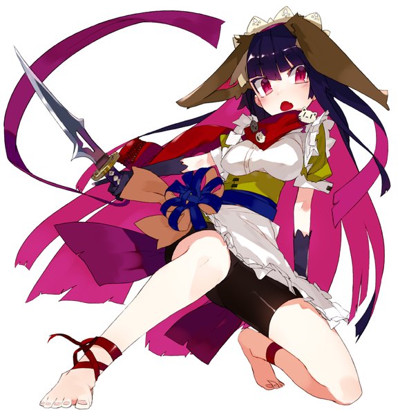 Anime picture 1008x1051 with original karei (hirameme) single long hair tall image blush black hair simple background red eyes white background barefoot girl dress gloves weapon sword leggings