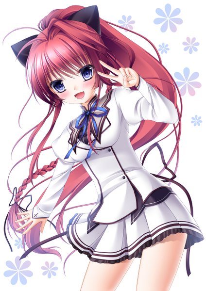 Anime picture 900x1273 with mashiroiro symphony inui sana shitou single long hair tall image looking at viewer blush open mouth blue eyes red hair braid (braids) girl skirt uniform bow hair bow school uniform flower (symbol)