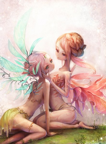 Anime picture 1400x1898 with original aka tonbo (lovetow) tall image looking at viewer short hair light erotic sitting multiple girls green eyes signed braid (braids) grey eyes tattoo fantasy head wings insect wings fairy girl 2 girls plant (plants)