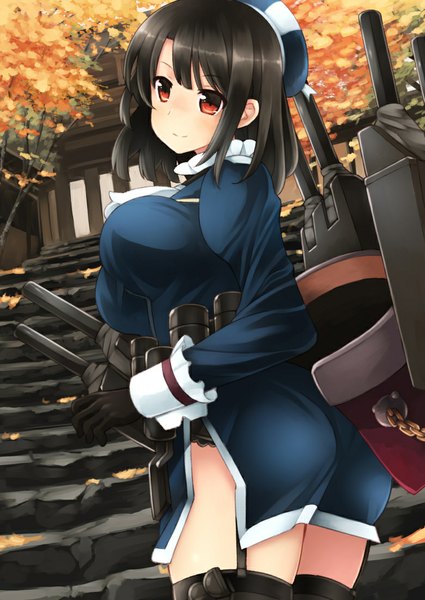 Anime picture 780x1100 with kantai collection takao heavy cruiser kouno hikaru single tall image short hair light erotic black hair red eyes looking back girl thighhighs dress gloves weapon black thighhighs beret