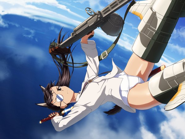 Anime picture 1182x886 with strike witches sakamoto mio m-ya single long hair light erotic black hair twintails brown eyes animal ears sky cloud (clouds) ponytail animal tail flying girl weapon sword katana eyepatch