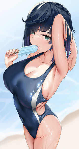 Anime picture 1813x3409 with genshin impact yelan (genshin impact) skai kun single tall image looking at viewer blush fringe highres short hair breasts open mouth light erotic large breasts holding blue hair blunt bangs aqua eyes from behind arms up