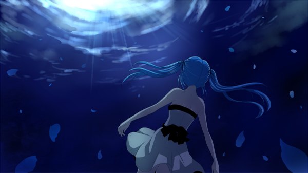 Anime picture 1200x675 with vocaloid hatsune miku mariwai (marireroy) single long hair wide image twintails blue hair girl dress underwear petals