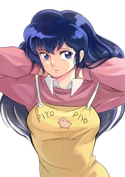 Anime picture 826x1169 with maison ikkoku studio deen otonashi kyouko nekogasuki single long hair tall image fringe blue eyes simple background white background blue hair looking away upper body adjusting hair oldschool 80s girl apron sweater