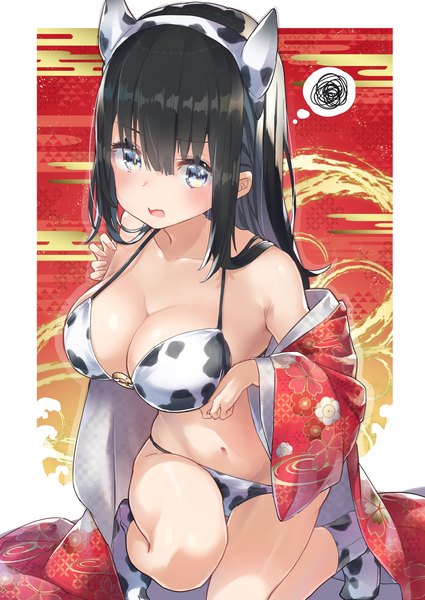 Anime picture 4299x6071 with original hatsuga (dmaigmai) single long hair tall image looking at viewer fringe highres breasts open mouth light erotic black hair hair between eyes large breasts absurdres traditional clothes japanese clothes silver eyes animal print fake antlers