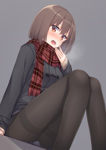 Anime picture 850x1200 with original mikazuchi zeus single tall image looking at viewer blush short hair open mouth light erotic black hair brown eyes girl pantyhose jacket scarf plaid scarf