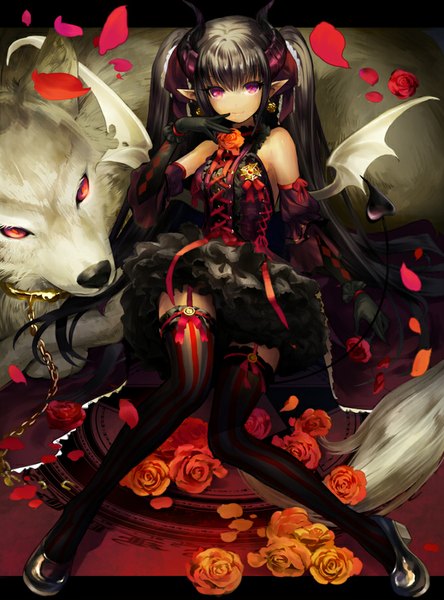 Anime picture 667x900 with original bun-o (artist) long hair tall image black hair smile sitting twintails bent knee (knees) pink eyes horn (horns) pointy ears finger to mouth girl gloves flower (flowers) ribbon (ribbons) detached sleeves earrings animal