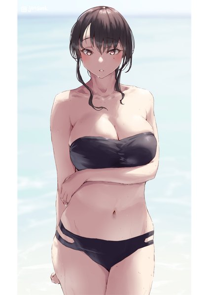 Anime picture 800x1131 with original mami (jonsun) jonsun single tall image looking at viewer fringe short hair breasts light erotic black hair hair between eyes large breasts standing brown eyes parted lips mole wet mole under eye arm behind back